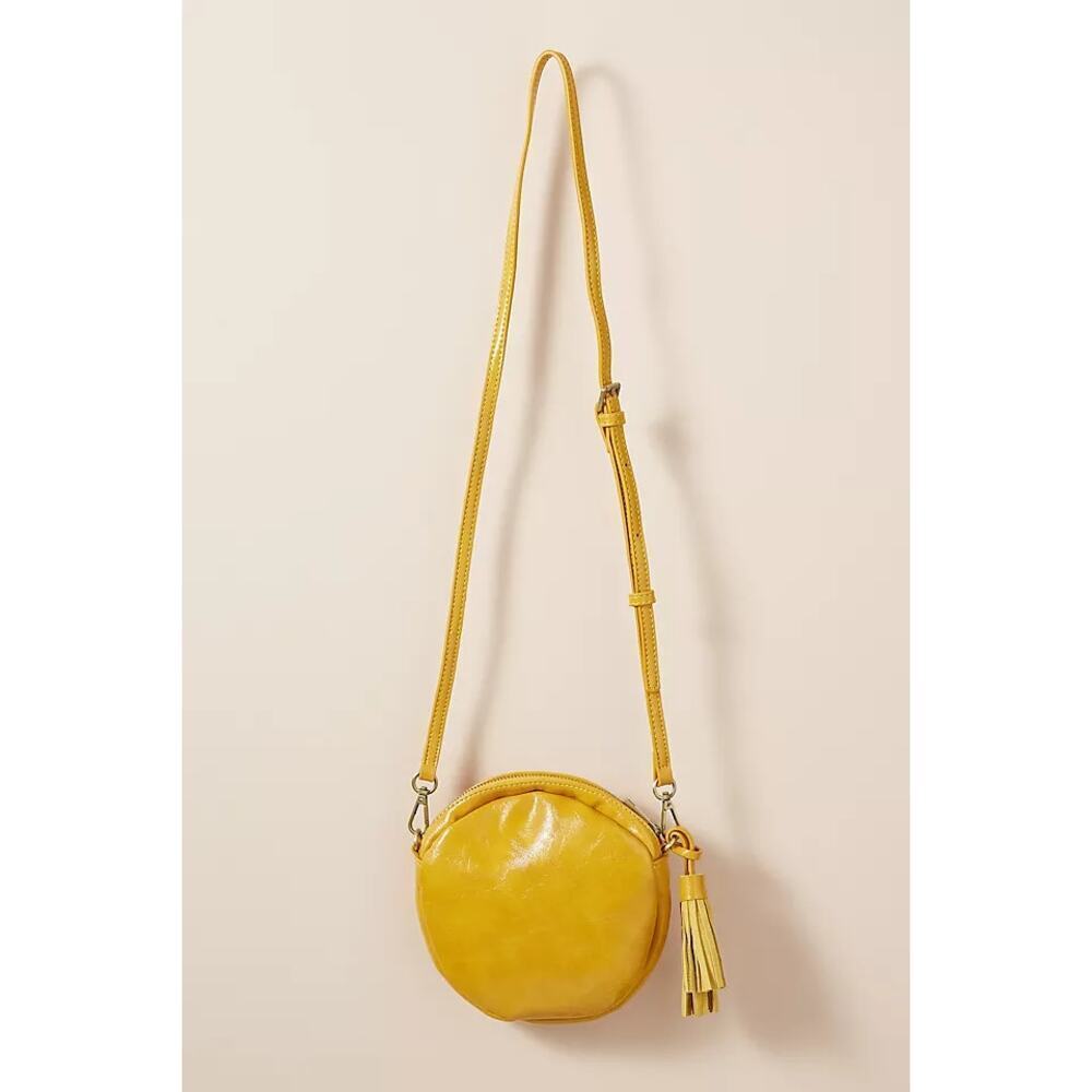 Anthropologie Crossbody Round Bag Tassel Zip Vegan Leather Yellow